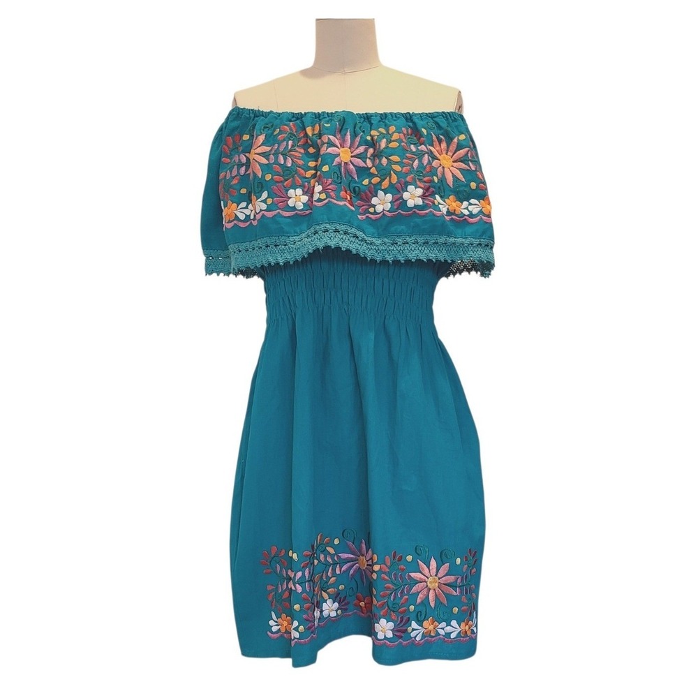 Mexican Peasant Mini Dress Teal Floral Embroidered Off Shoulder Cotton‎ Boho XL